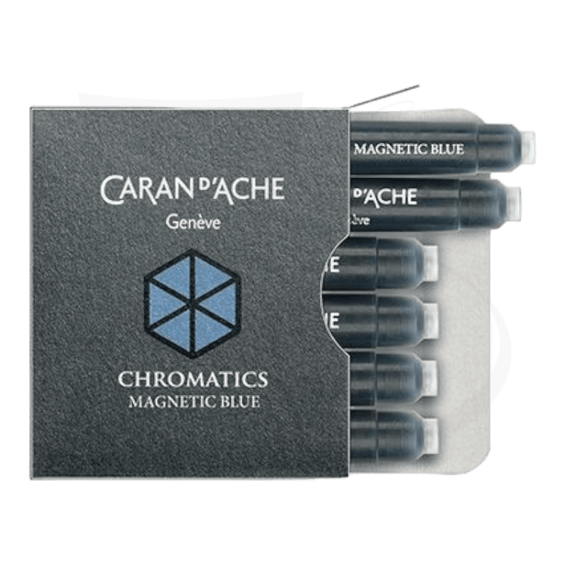 Caran d'Ache Chromatics fountain pen ink cartridges in Magnetic Blue, 6-pack set in clear plastic case with gray branded packaging featuring hexagonal logo