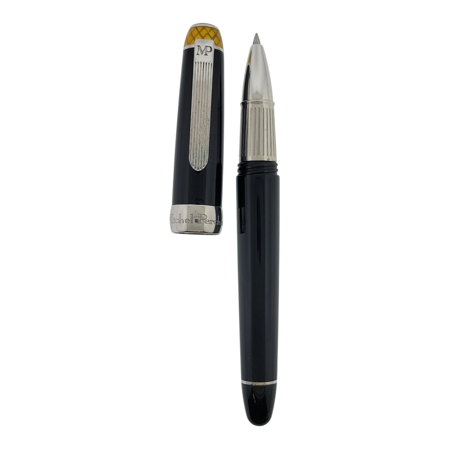Michel Perchin Executive black lacquer rollerball pen with sterling silver cap and yellow guilloche detail