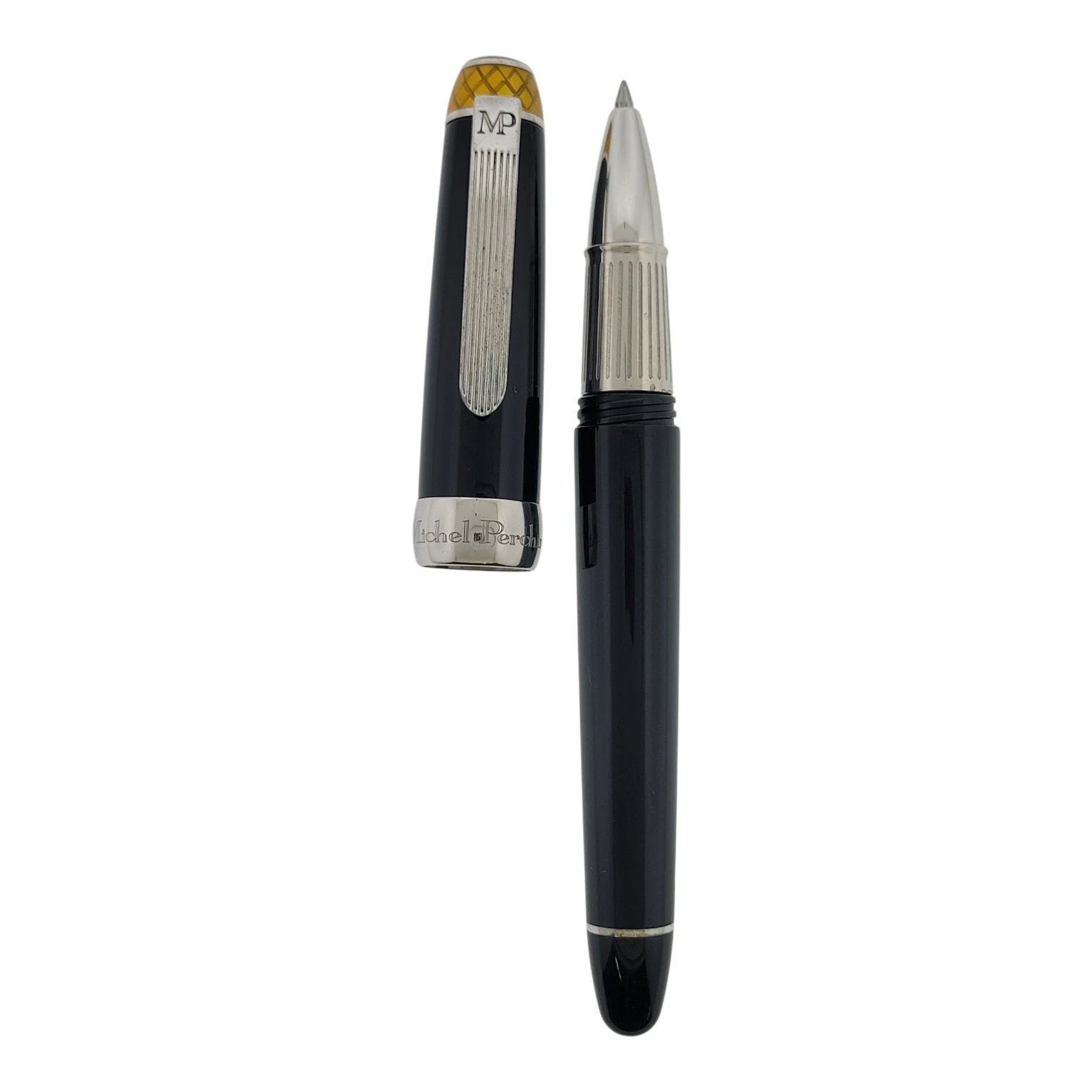 Michel Perchin Executive black lacquer rollerball pen with sterling silver cap and yellow guilloche detail