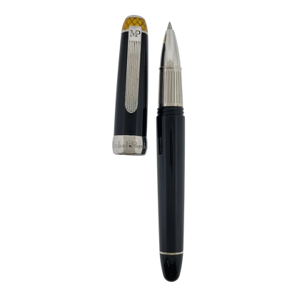 Michel Perchin Executive black lacquer rollerball pen with sterling silver cap and yellow guilloche detail