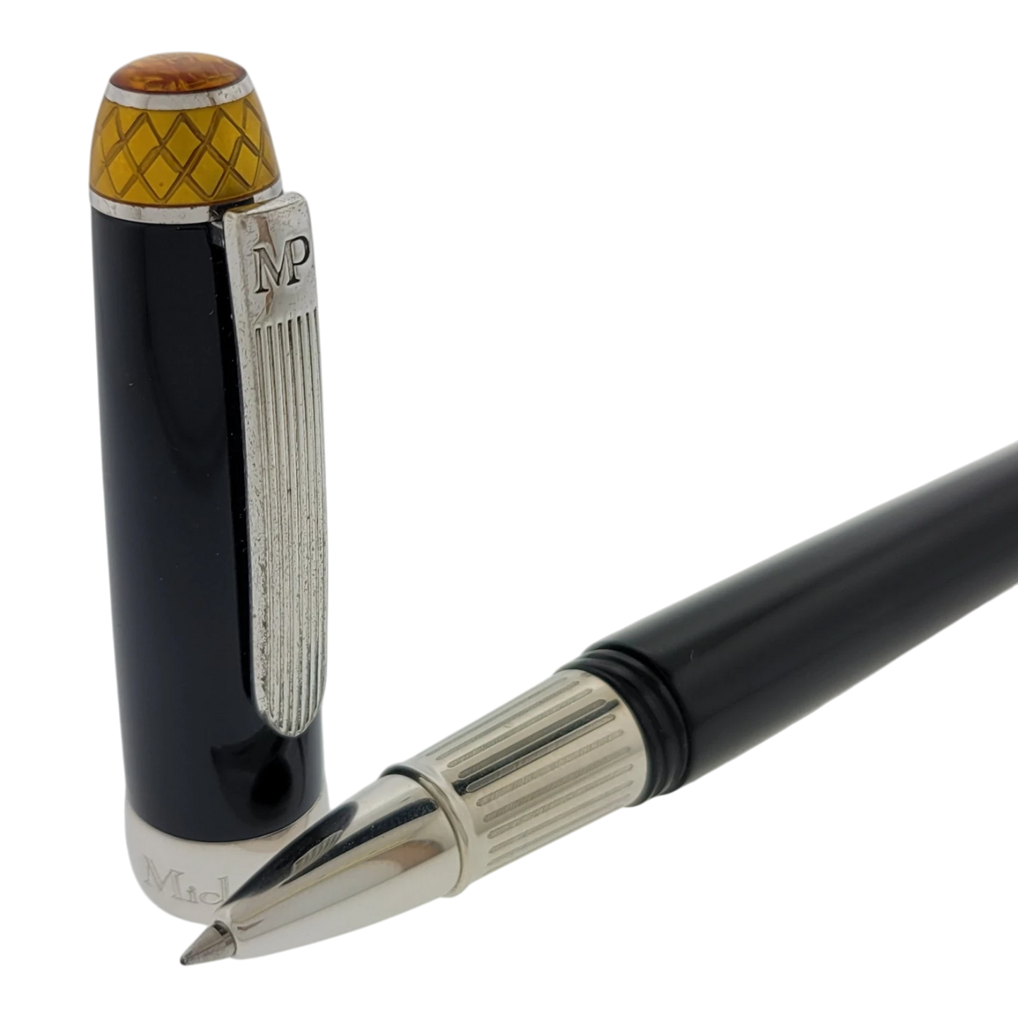 Michel Perchin Executive rollerball pen with black barrel, yellow guilloche and sterling silver trim