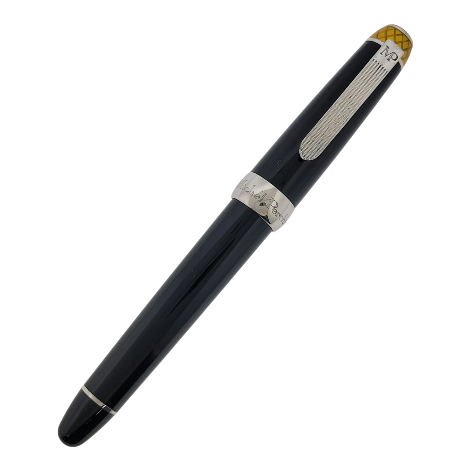 Michel Perchin Executive Sterling Silver black and yellow rollerball pen with guilloche cap and silver clip