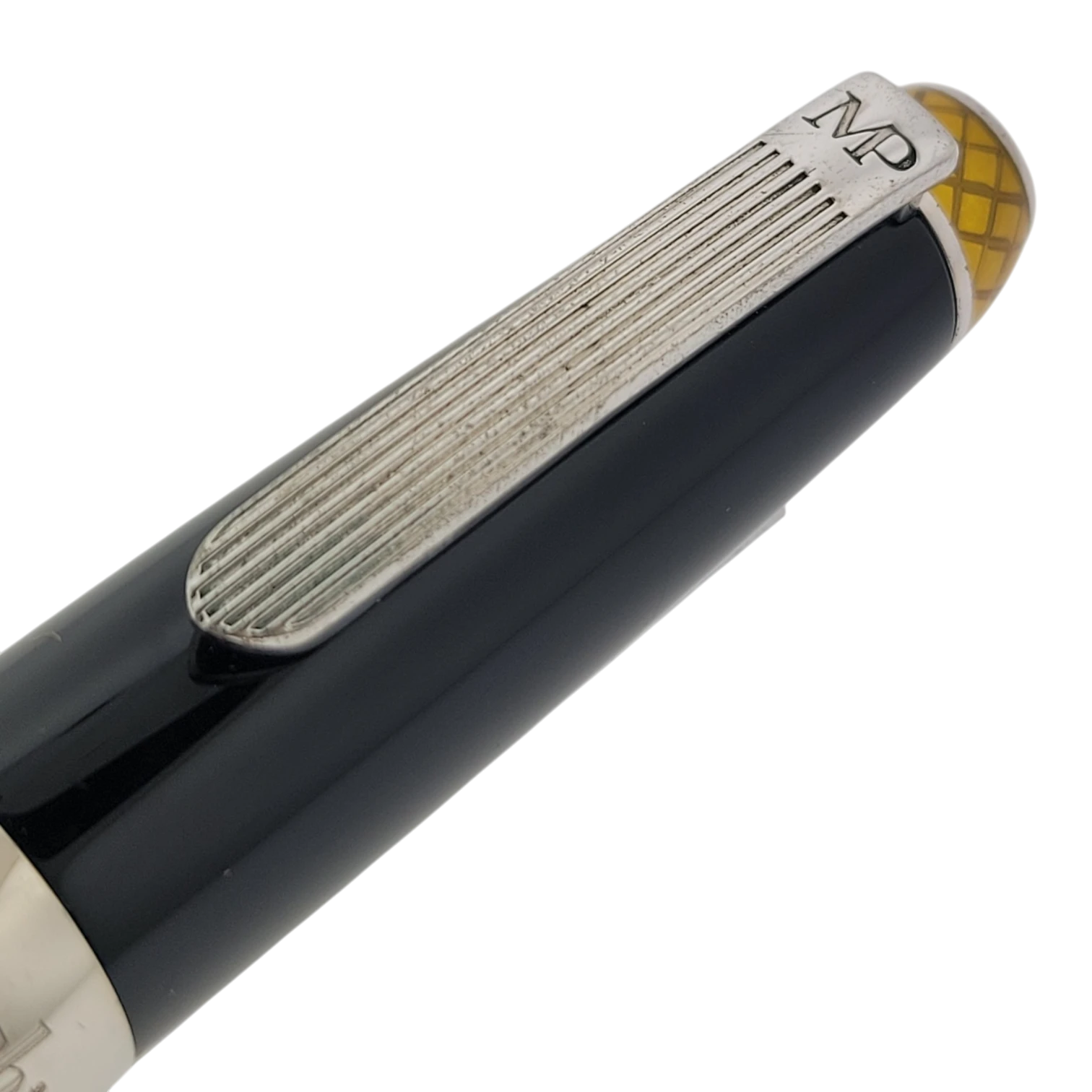 Michel Perchin Executive sterling silver black and yellow guilloche rollerball pen with ribbed clip