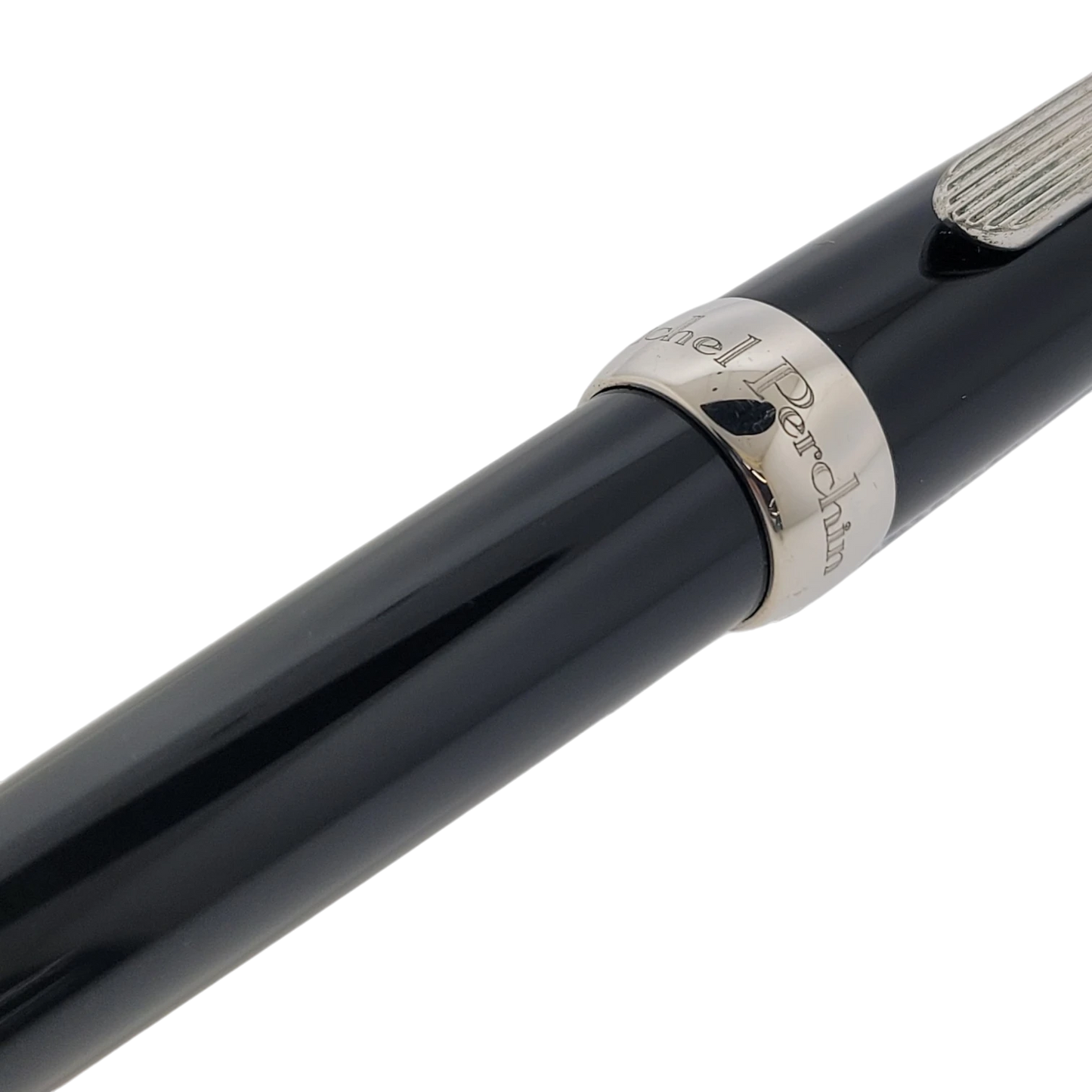 Michel Perchin Executive black lacquer rollerball pen with sterling silver band and textured silver clip