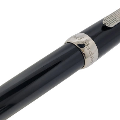Michel Perchin Executive black lacquer rollerball pen with sterling silver band and textured silver clip