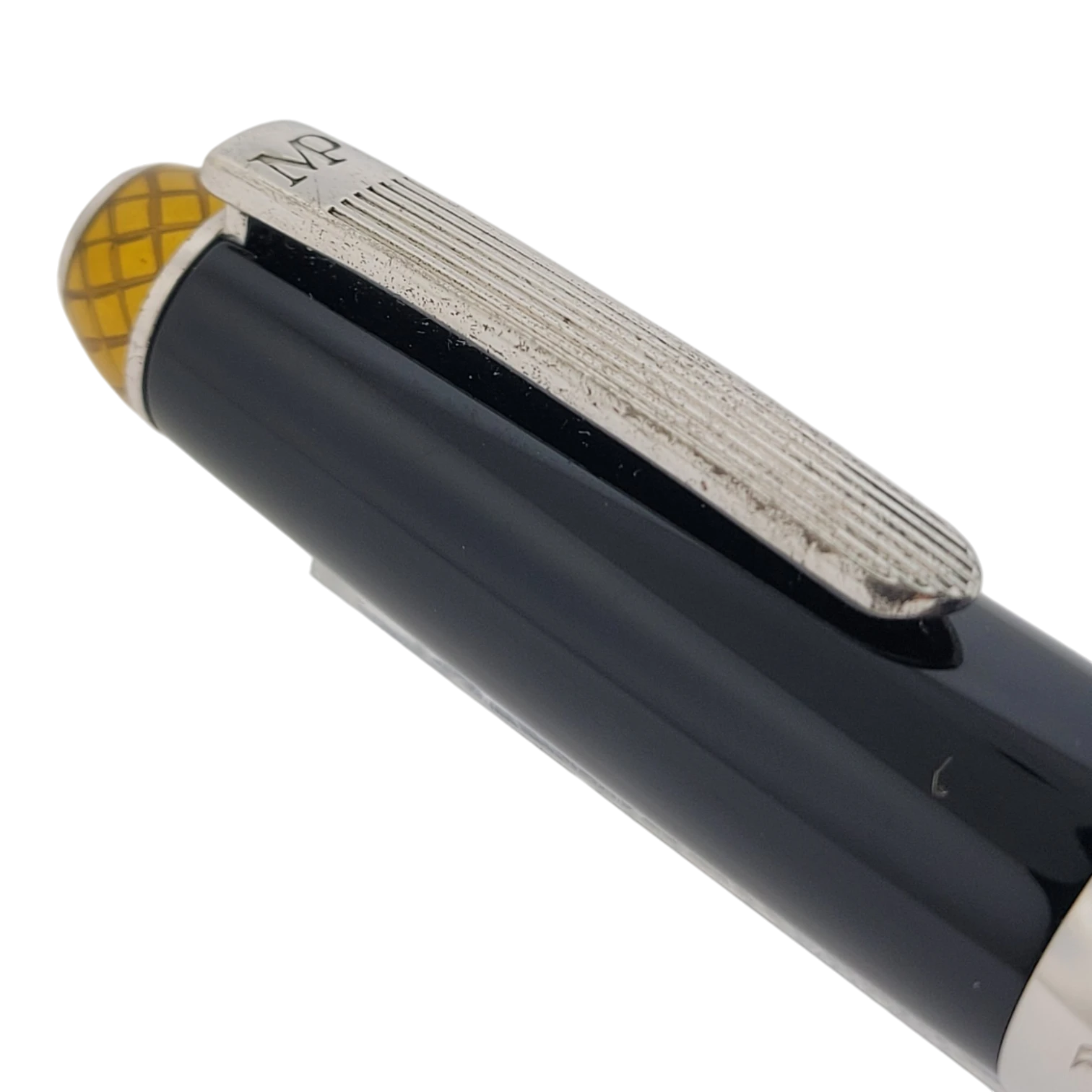 Michel Perchin Executive rollerball pen with black lacquer barrel yellow guilloche end and sterling silver clip