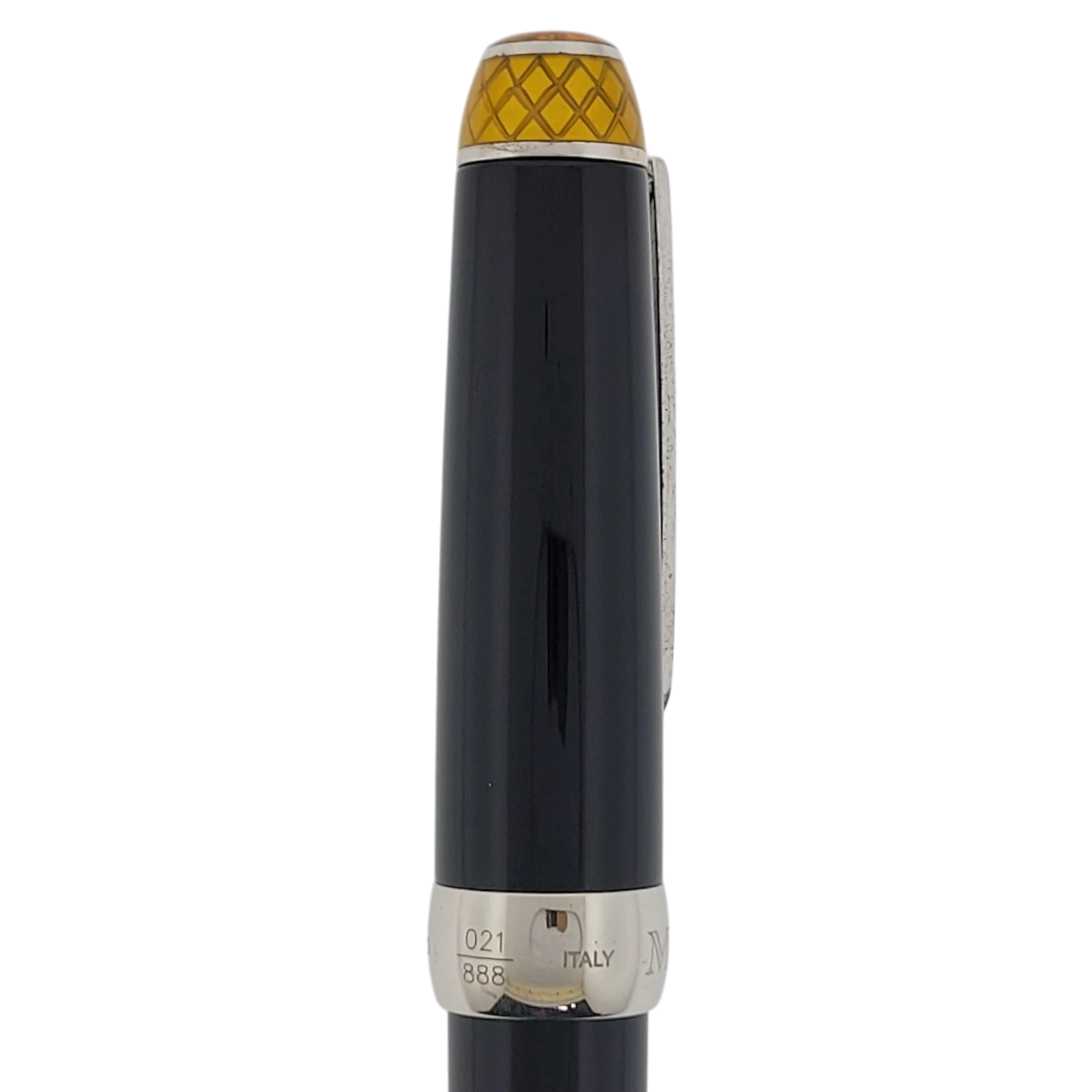 Michel Perchin Executive rollerball pen in black lacquer with yellow guilloche cap and sterling silver trim