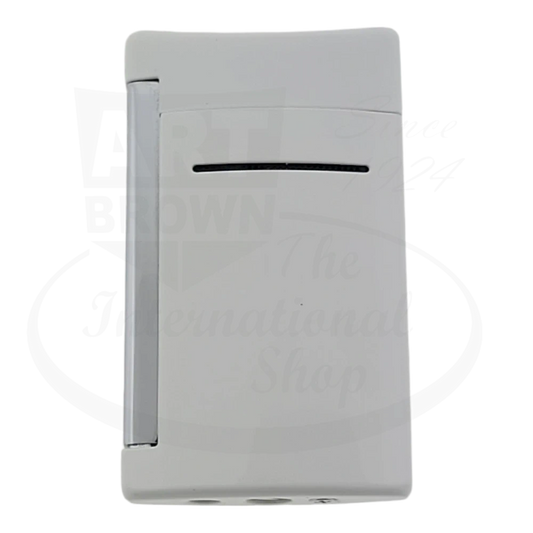 Front of S.T. Dupont MiniJet Luxury Torch Lighter in white with chrome accents