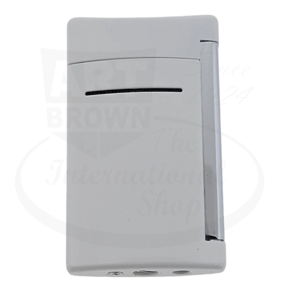 Back of S.T. Dupont MiniJet Luxury Torch Lighter in white with chrome accents