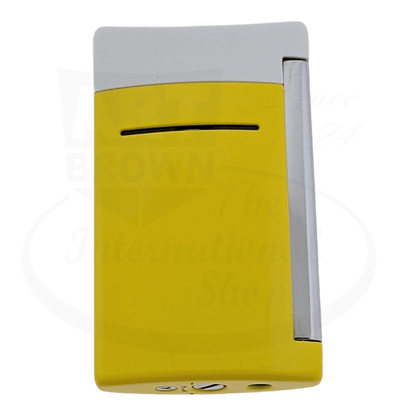 S.T. Dupont Minijet 010515 metal torch lighter in yellow and white, featuring sleek rectangular design with horizontal ignition slit