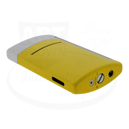 S.T. Dupont Minijet 010515 metal torch lighter in yellow and white, featuring rounded edges, sleek modern design with dual-tone body and torch flame mechanism