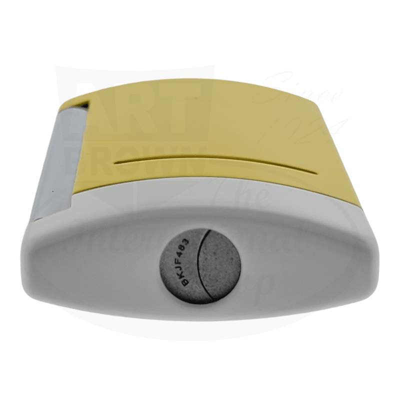 ST Dupont Minijet 010515 metal torch lighter in yellow and white, featuring curved design with side ignition button and rounded edges