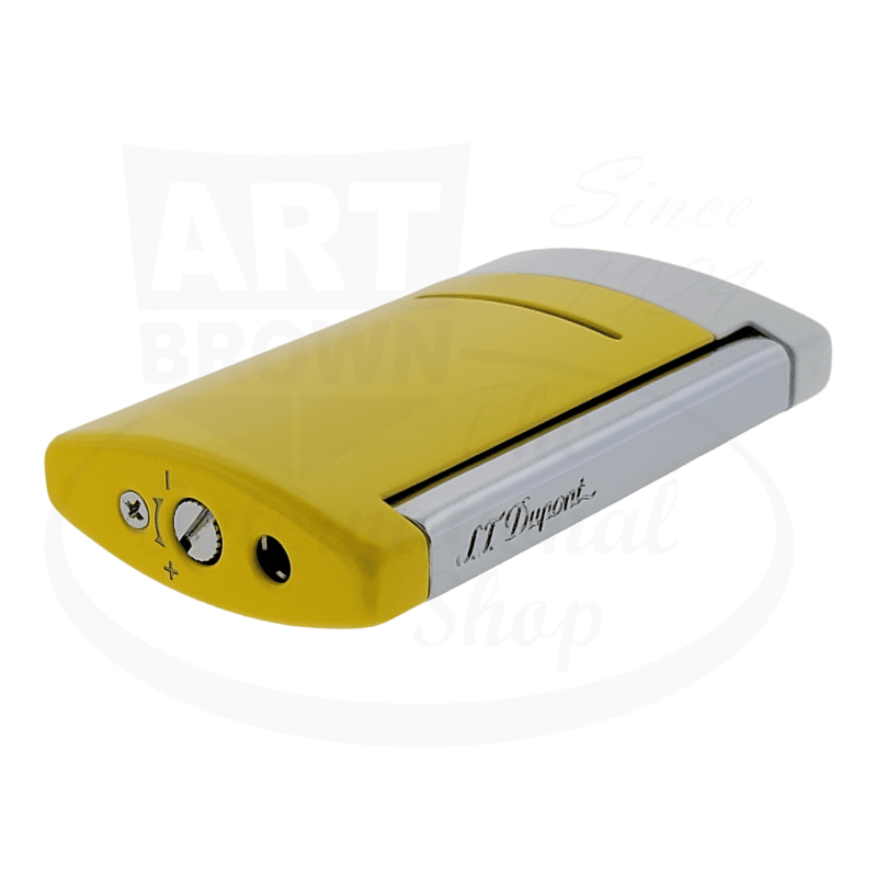 S.T. Dupont Minijet 010515 metal torch lighter in yellow and silver, featuring curved design with dual-tone finish and brand engraving