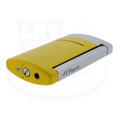 S.T. Dupont Minijet 010515 metal torch lighter in yellow and silver, featuring curved design with dual-tone finish and brand engraving