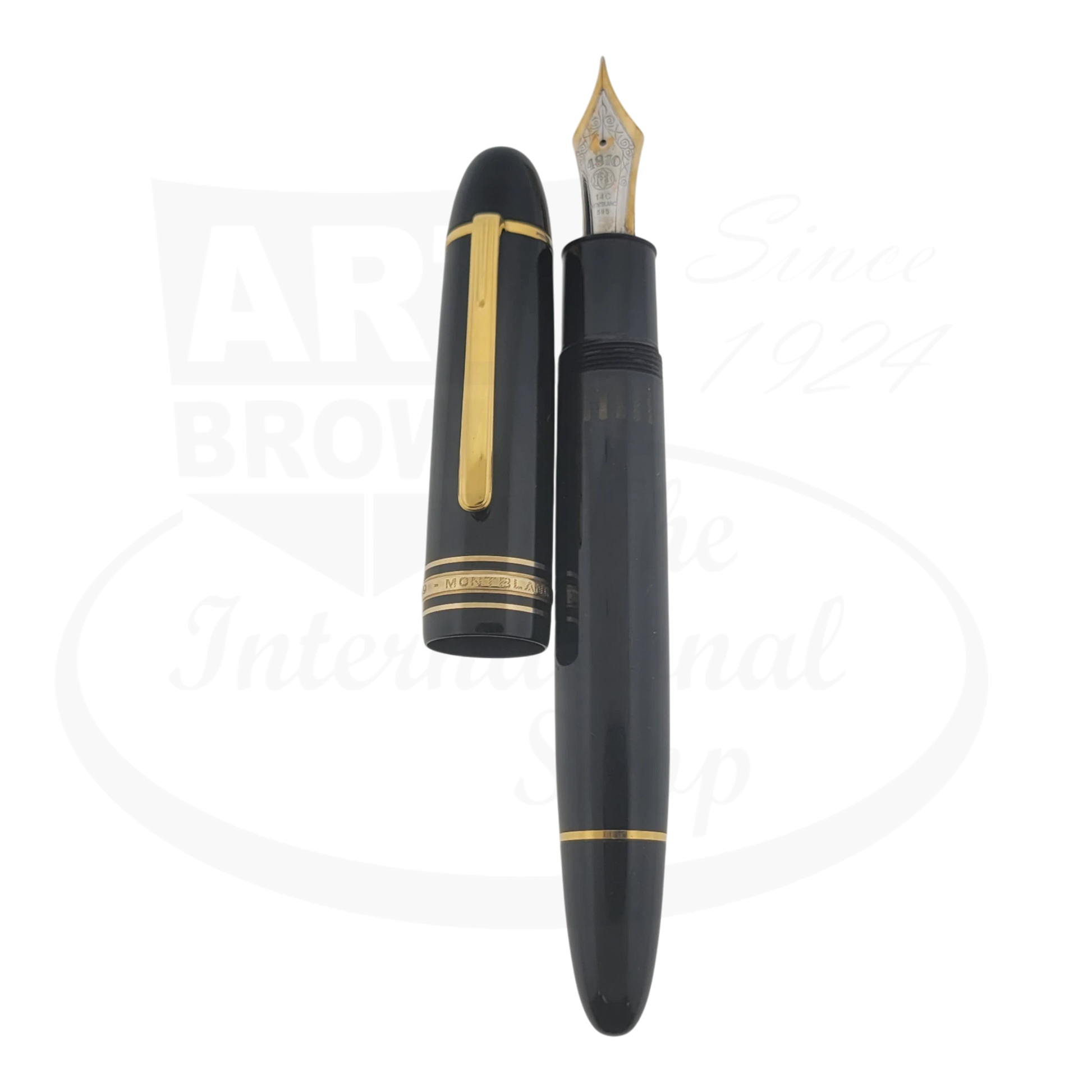 Montblanc Meisterstück 149 MB132113 black resin and gold medium nib fountain pen with cap removed and visible nib