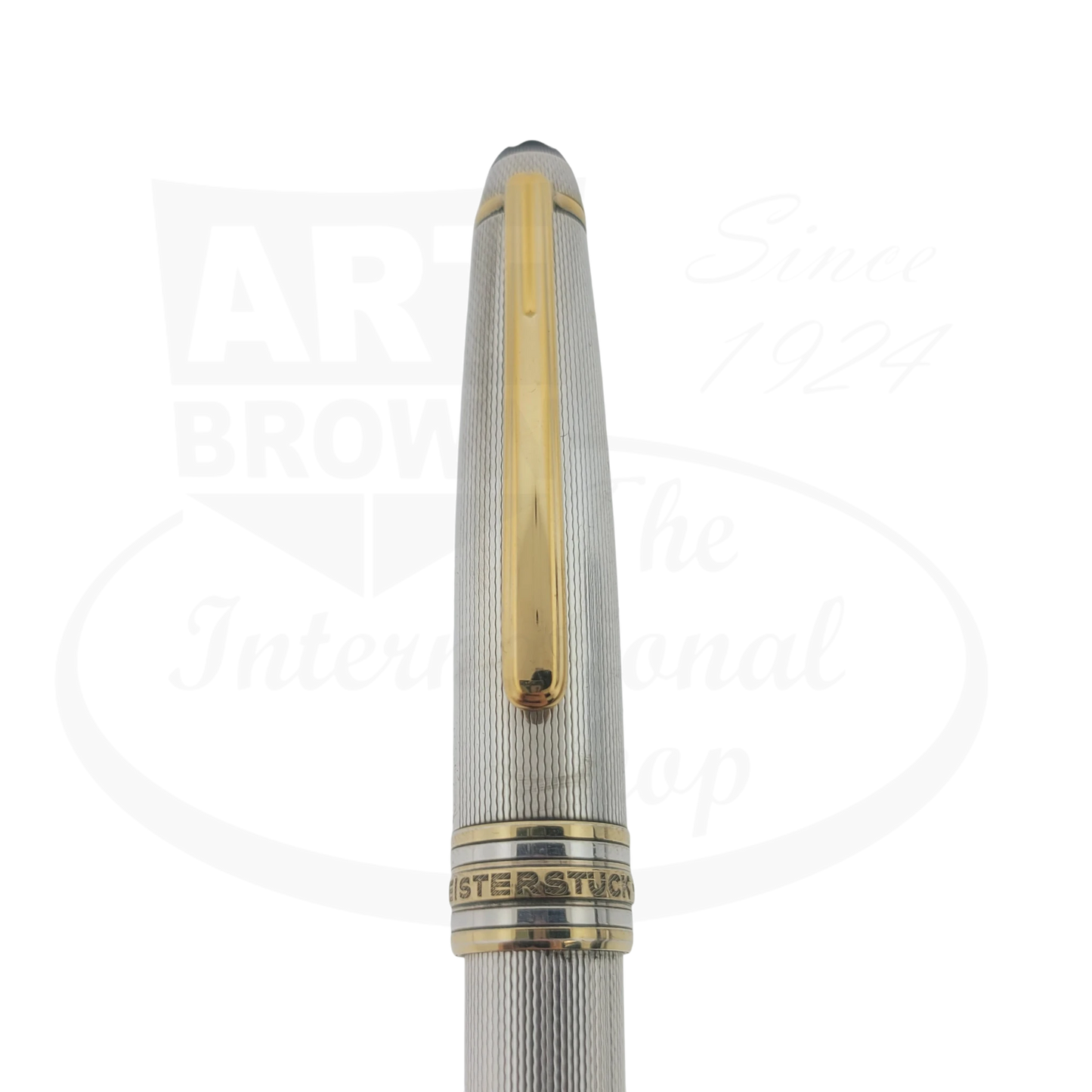 Montblanc Meisterstuck 164 Sterling Silver Barley Grain ballpoint pen with gold clip and trim close-up view