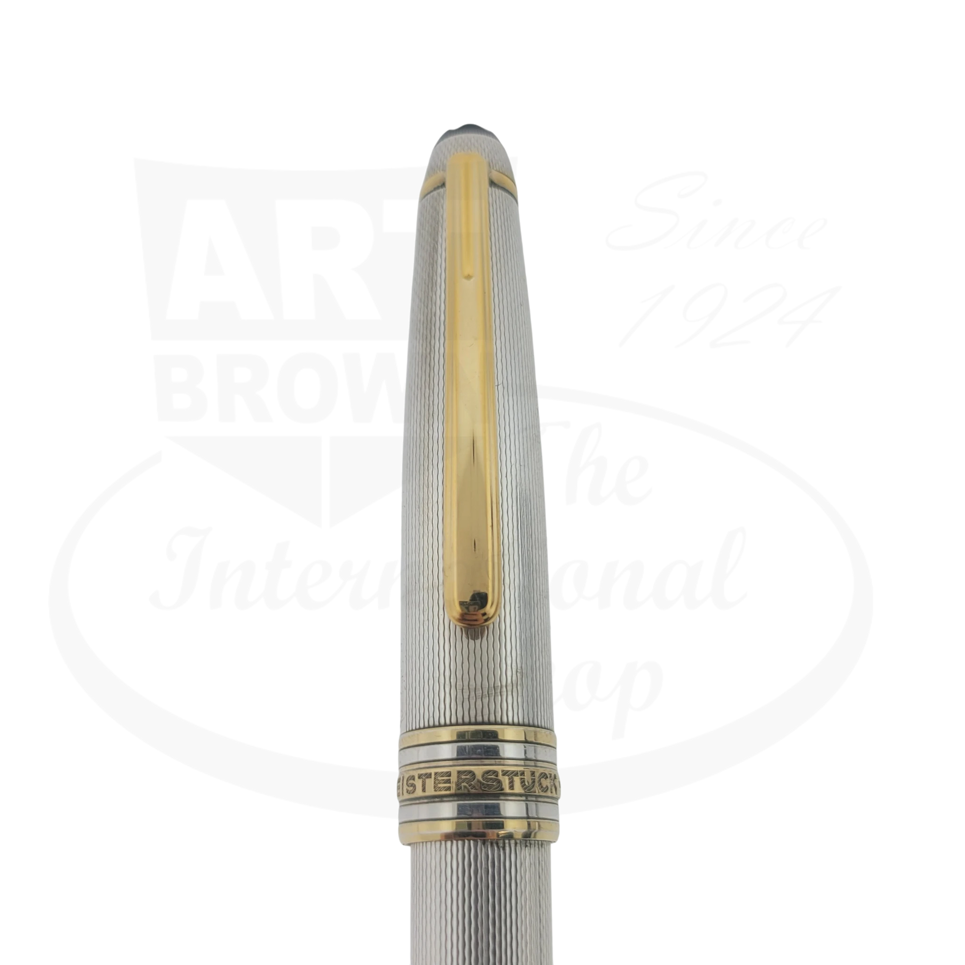 Montblanc Meisterstuck 164 Sterling Silver Barley Grain ballpoint pen with gold clip and trim close-up view