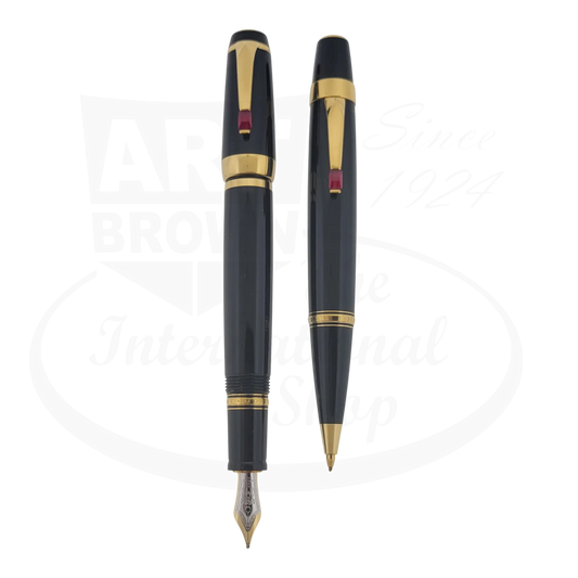 Montblanc Boheme Ruby preowned fountain pen and mechanical pencil set black resin with gold trim and ruby accents