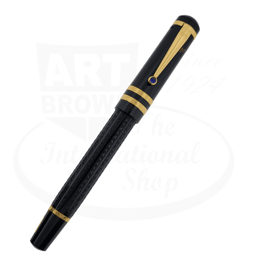 Montblanc Meisterstuck Dostoevsky fountain pen in black resin with gold-plated trim, sapphire clip detail, ornate barrel pattern, medium 18k gold nib