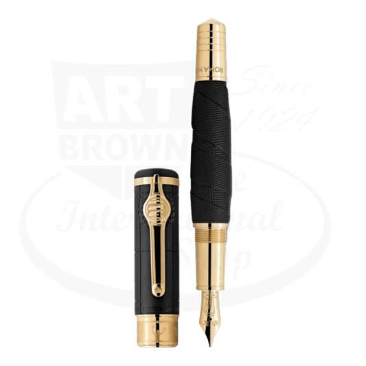 Montblanc Muhammad Ali Special Edition black resin and gold-plated fountain pen featuring boxing-inspired design with textured grip and championship belt clip, 14K gold nib
