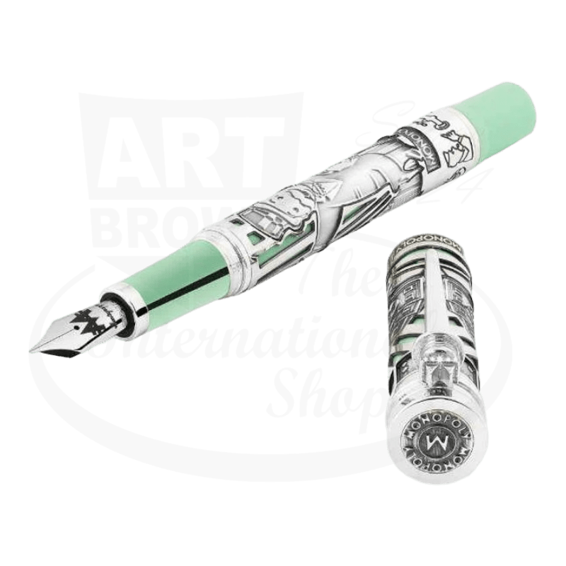 Montegrappa limited edition Monopoly luxury fountain pen with green resin and silver finish nib view