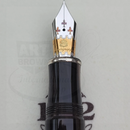 Close-up of a luxury fountain pen nib with intricate gold and silver detailing on a black body.