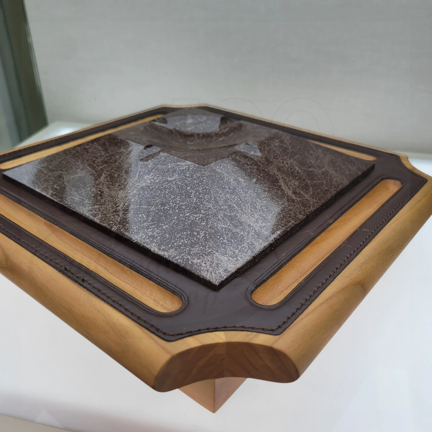 luxury wooden display tray with leather inlays and polished stone centerpiece for executive pen collection