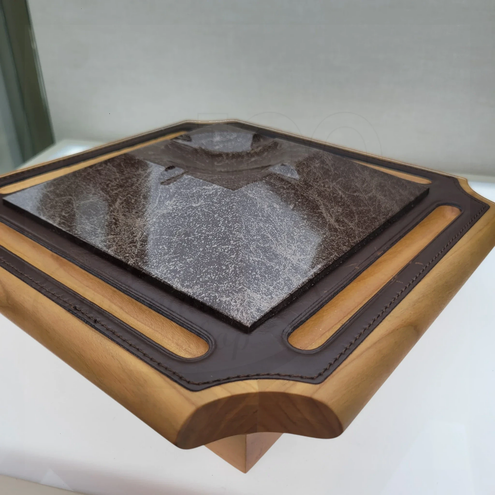luxury wooden display tray with leather inlays and polished stone centerpiece for executive pen collection