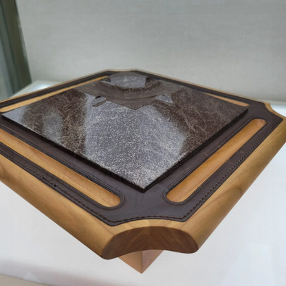 luxury wooden display tray with leather inlays and polished stone centerpiece for executive pen collection