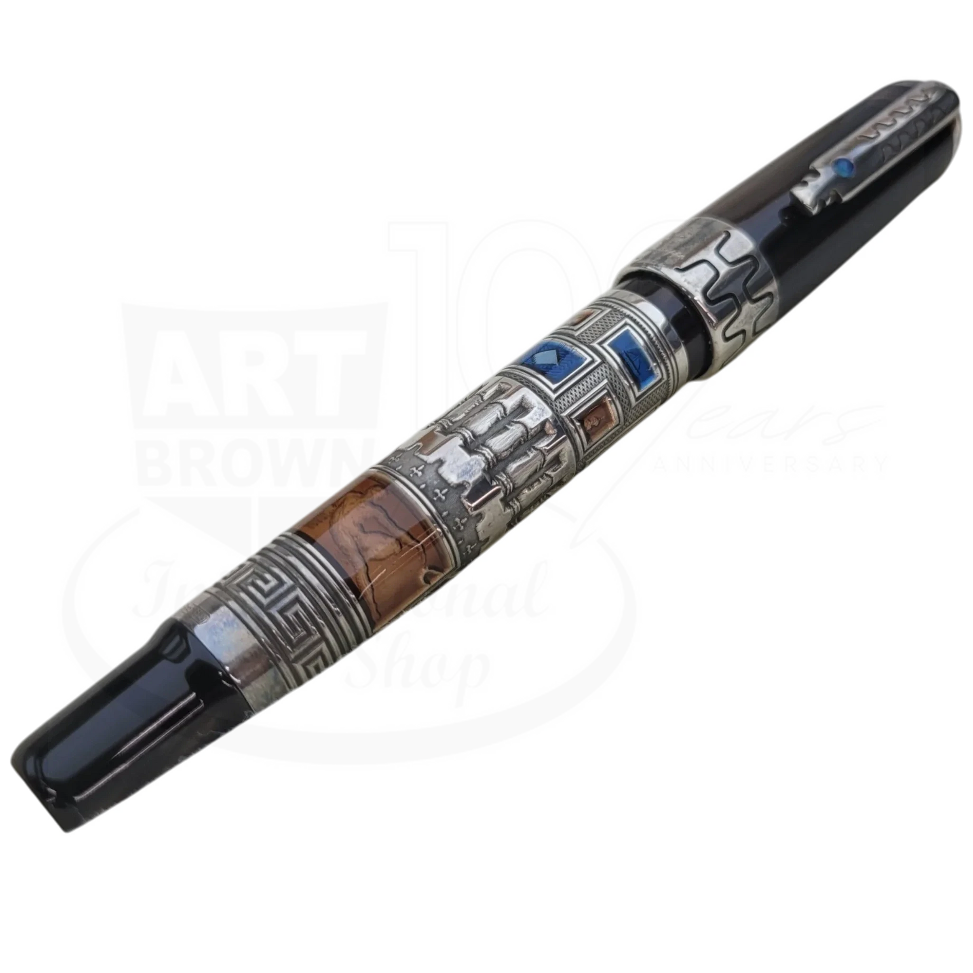 Luxury fountain pen with intricate guilloche and detailed human civilization themed engravings on the barrel