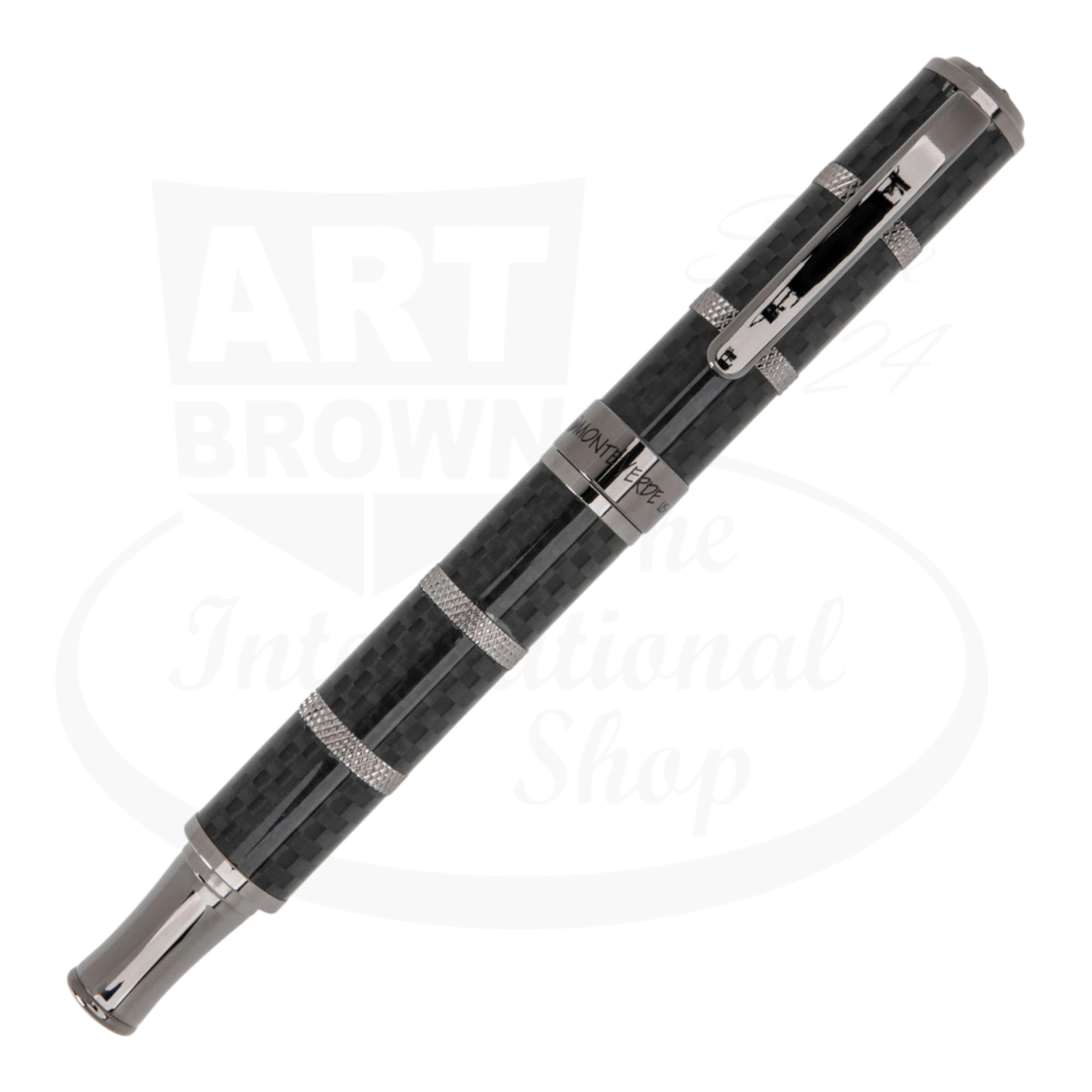 Monteverde Regatta Sport MV41593 carbon fiber fountain pen with polished gunmetal accents and segmented nautical design