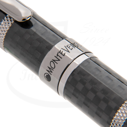Monteverde Regatta Sport MV41593 carbon fiber and polished gunmetal fountain pen with segmented nautical design close-up