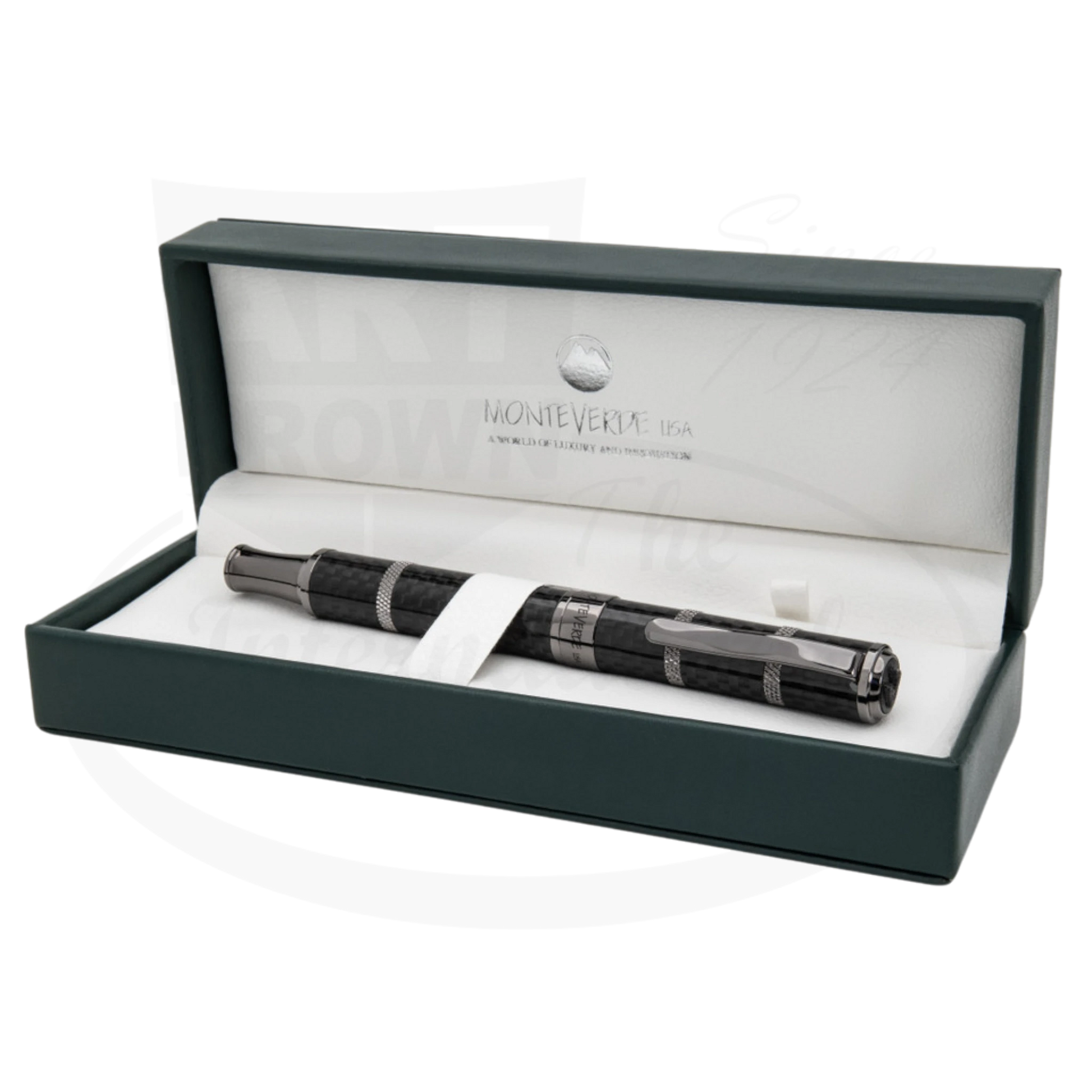Monteverde Regatta Sport MV41593 carbon fiber fountain pen with polished gunmetal accents in display case