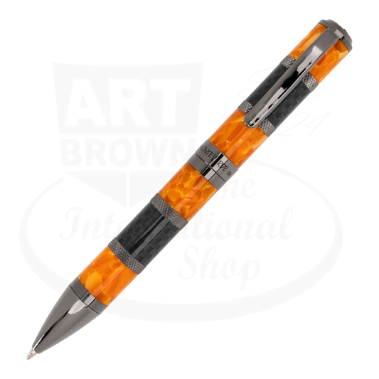 Monteverde Regatta Sport MV45307 ballpoint pen with orange resin and carbon fiber barrel, polished gunmetal accents