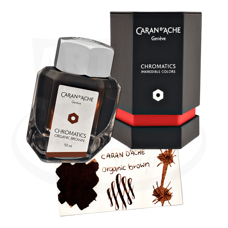 Caran D' Ache Chromatics Organic Brown fountain pen ink, in hexagonal bottle with color swatch and black hexagonal box