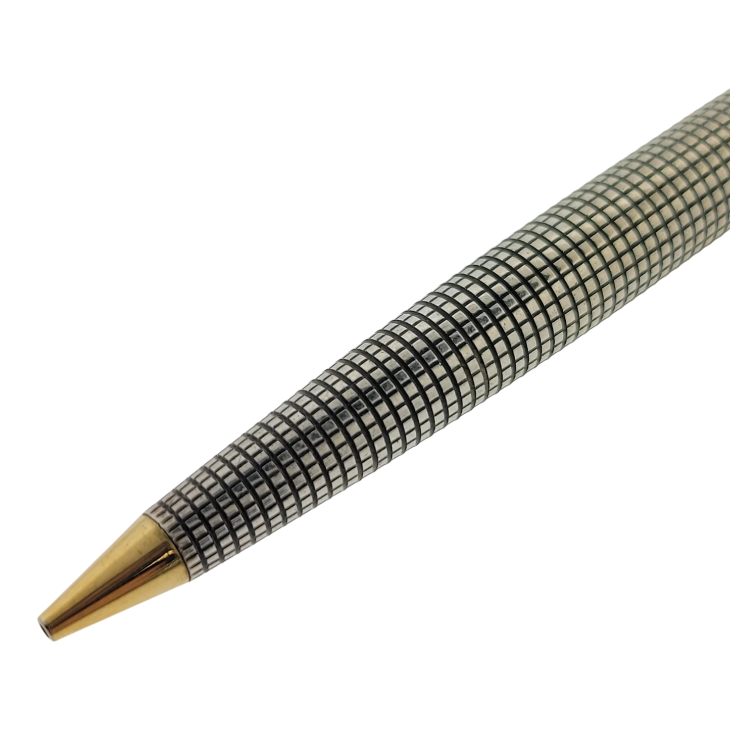 Parker Sonnet mechanical pencil in 925 sterling silver with black grid pattern and gold tone tapered tip