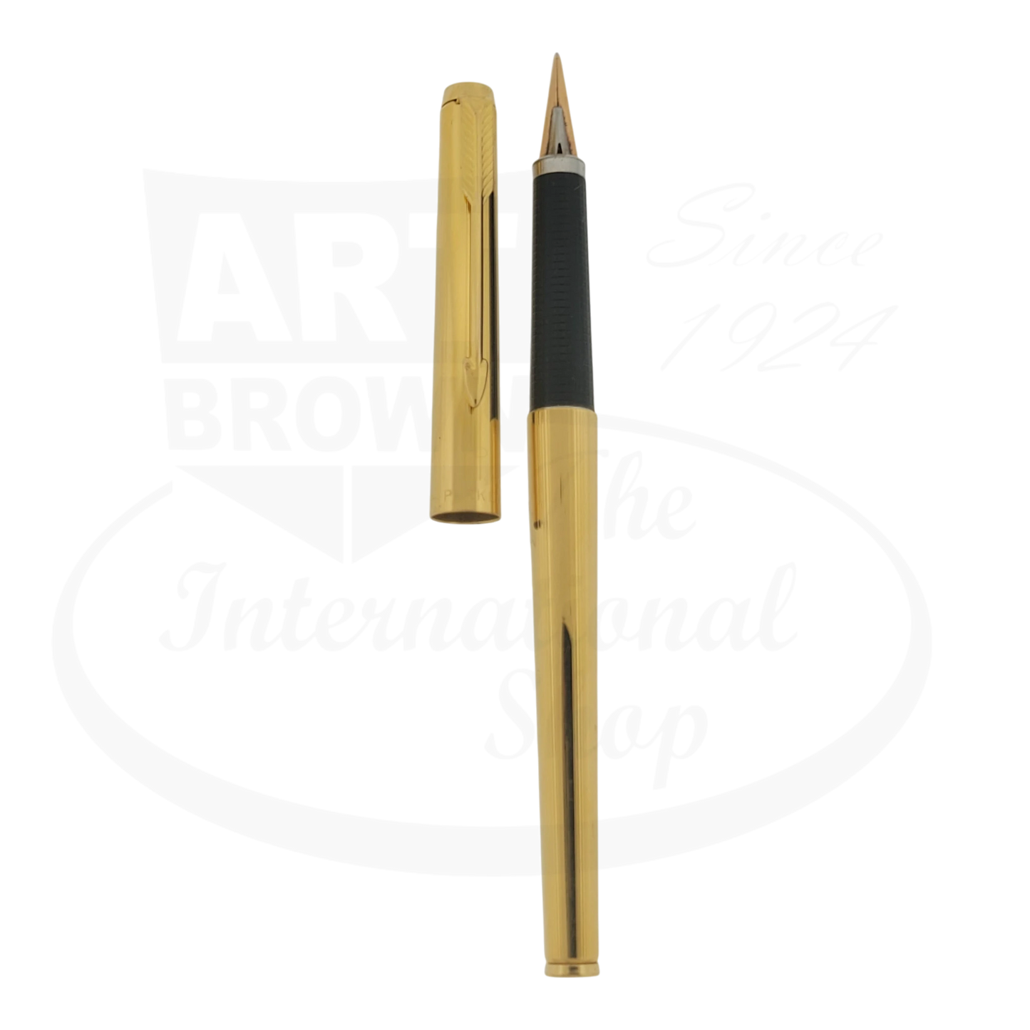 Parker 180 Imperial Vintage fountain pen gold plated body with black grip and reversible fine & medium nib