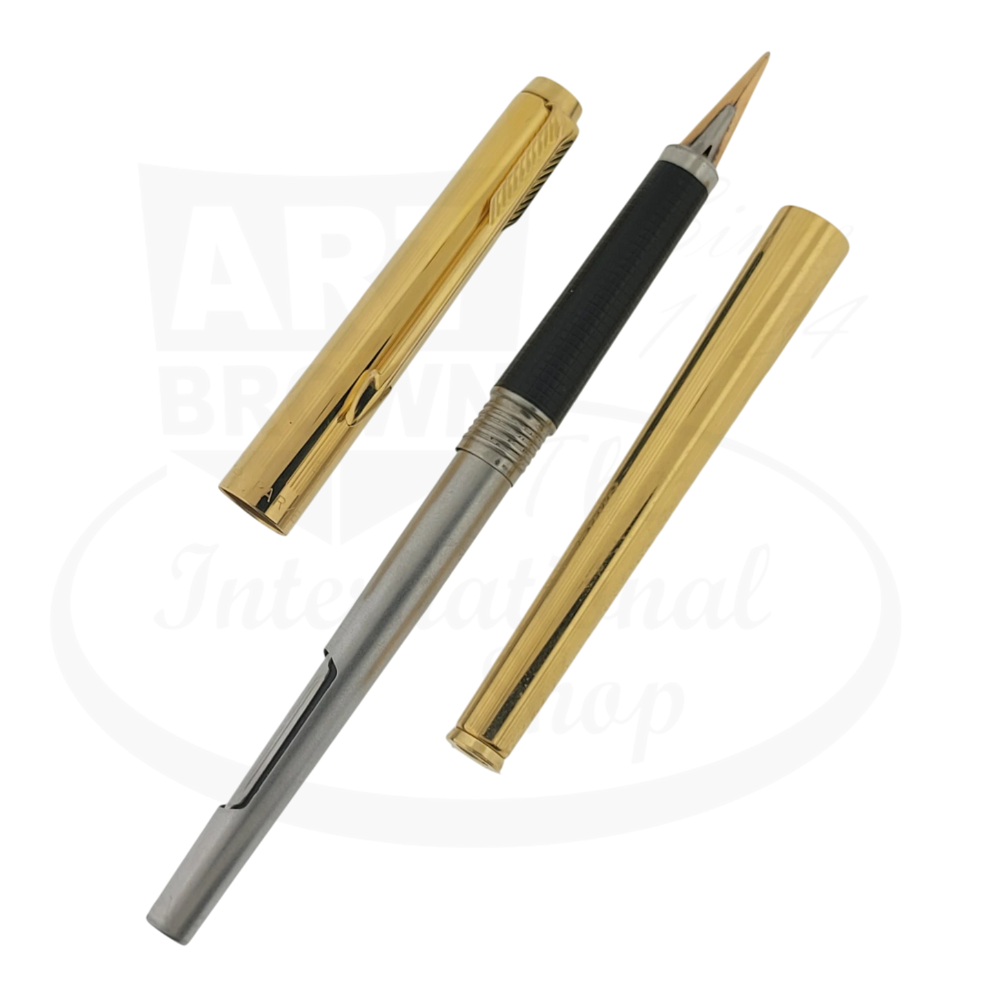 Parker 180 Imperial gold-plated fountain pen dual sized nib with black grip and two gold caps vintage 1970s