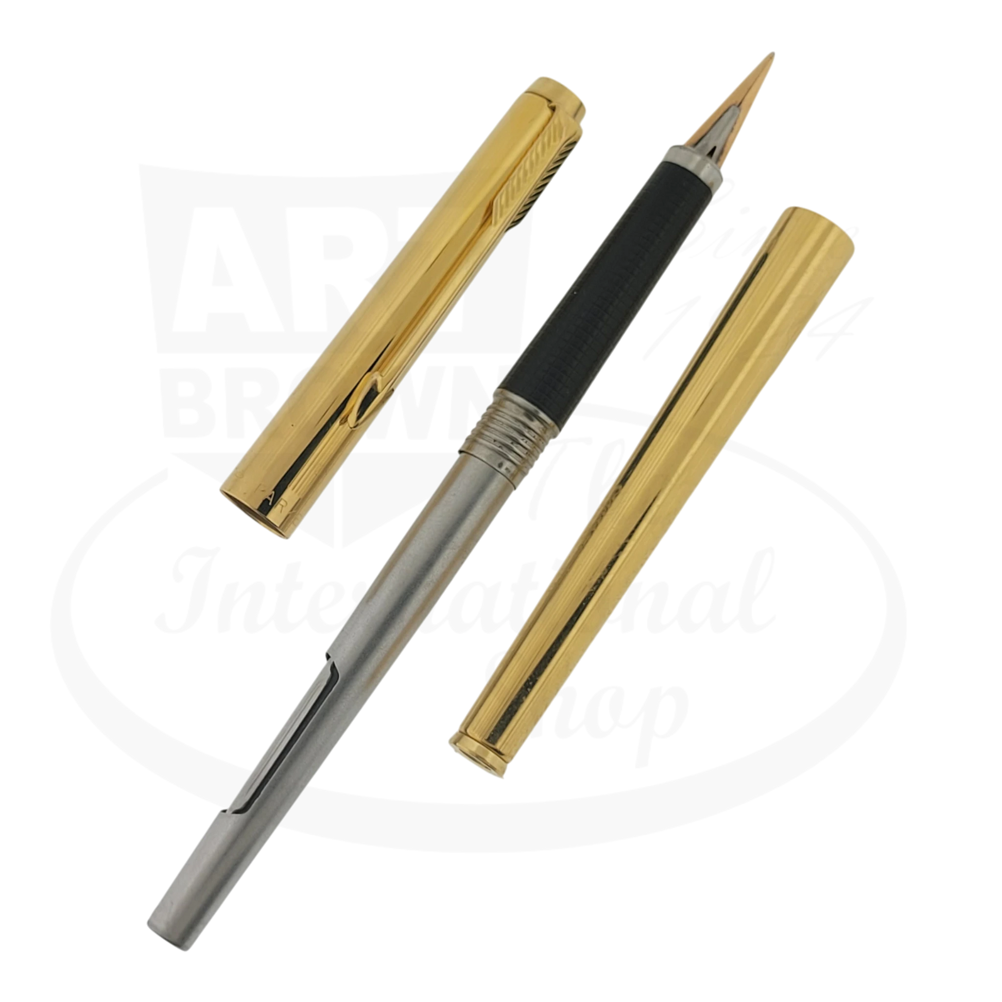 Parker 180 Imperial gold-plated fountain pen dual sized nib with black grip and two gold caps vintage 1970s