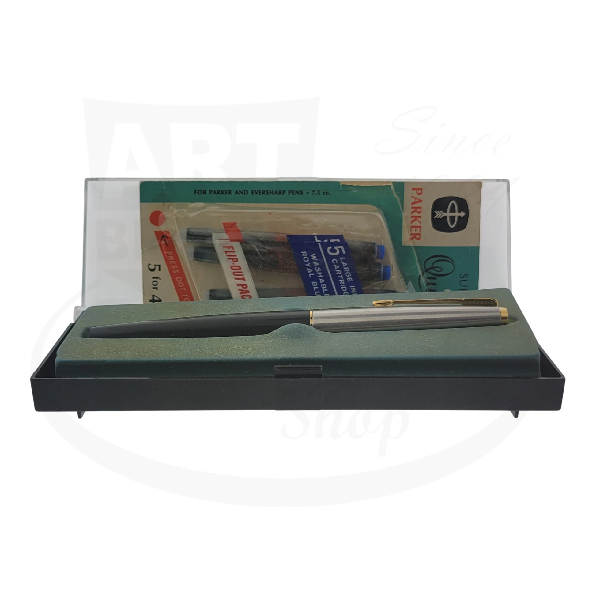 Parker 45 preowned fine fountain pen grey plastic barrel silver cap original box and paperwork 