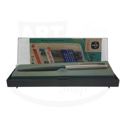 Parker 45 preowned fine fountain pen grey plastic barrel silver cap original box and paperwork 