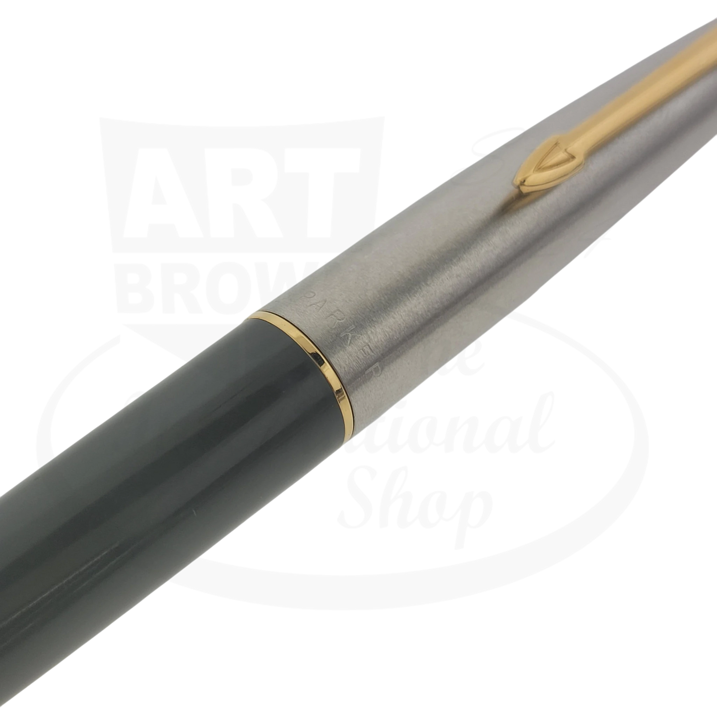 Parker 45 preowned fountain pen, grey plastic barrel silver, slight dents visible