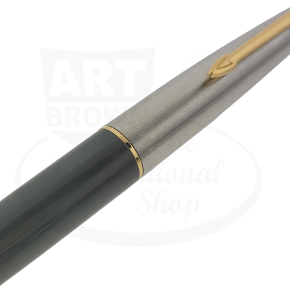 Parker 45 preowned fountain pen, grey plastic barrel silver, slight dents visible