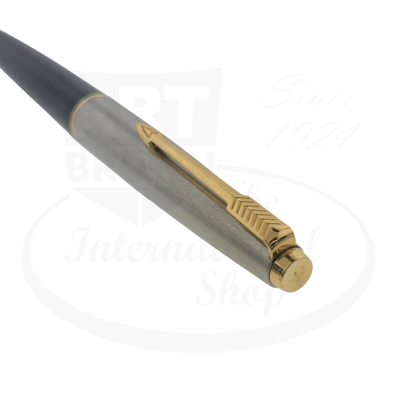 Parker 45 preowned vintage fountain pen grey resin barrel, silver metal cap, gold clip with minor dents