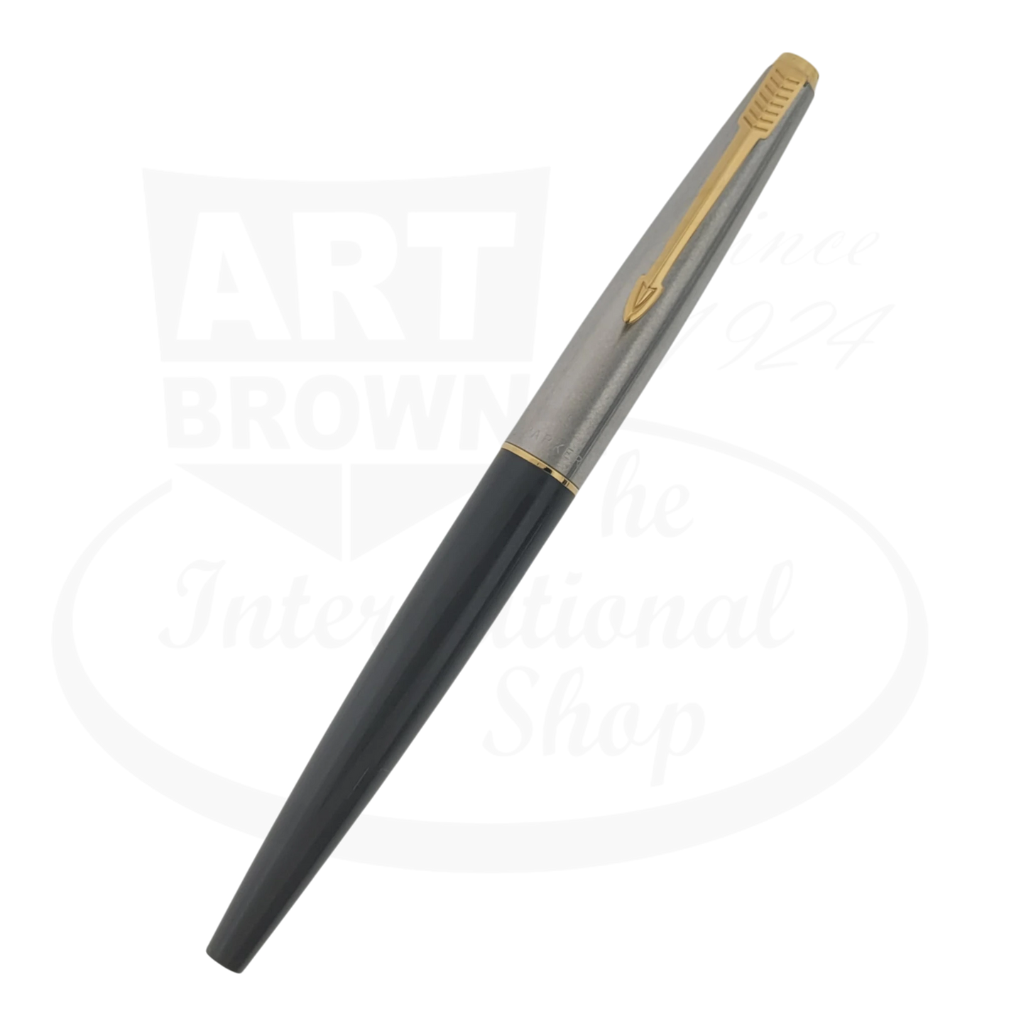 Parker 45 vintage fine fountain pen gray silver metal cap black resin barrel gold clip preowned with minor dents