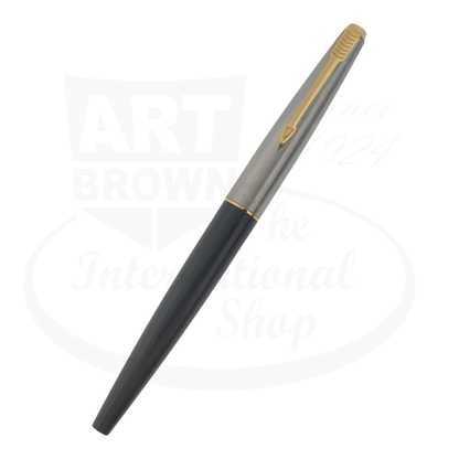 Parker 45 vintage fine fountain pen gray silver metal cap black resin barrel gold clip preowned with minor dents