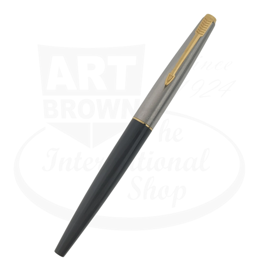 Parker 45 vintage fine fountain pen gray silver metal cap black resin barrel gold clip preowned with minor dents