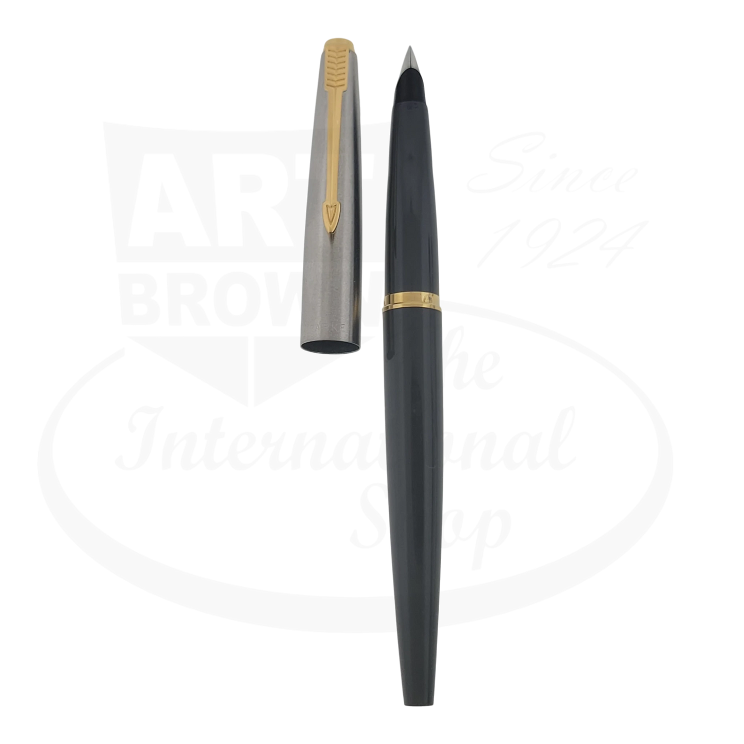 Parker 45 fountain pen, preowned grey plastic barrel, silver cap with gold trim