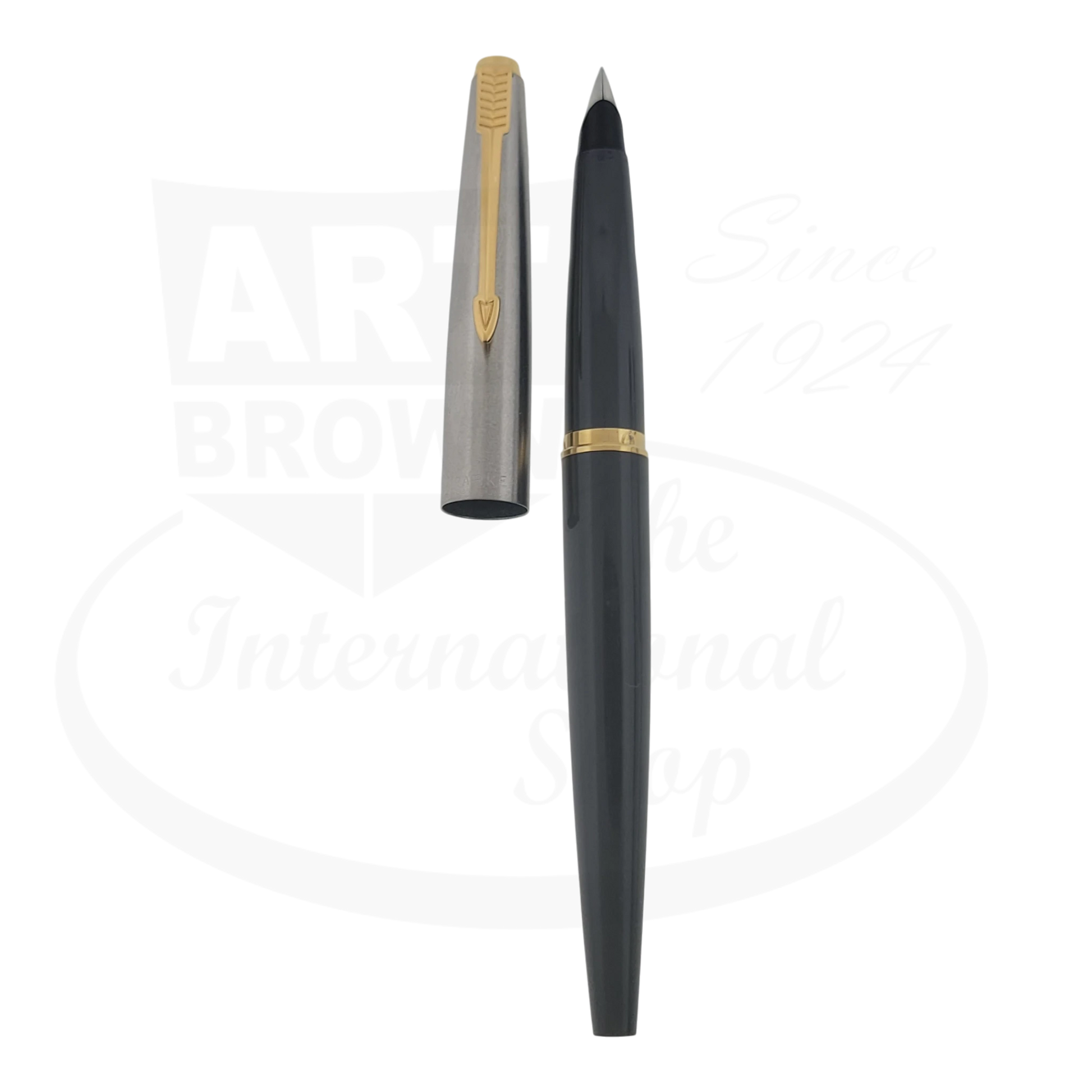 Parker 45 fountain pen, preowned grey plastic barrel, silver cap with gold trim