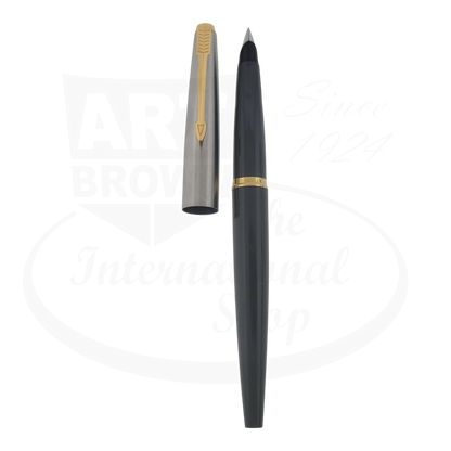 Parker 45 fountain pen, preowned grey plastic barrel, silver cap with gold trim